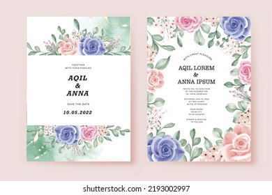 Tarjetas de plantilla de invitación de boda con flores rosas y azules 