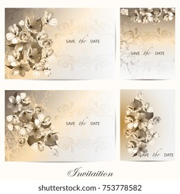 Wedding invitation, a template with cherry flowers and roses in warm colors. Set