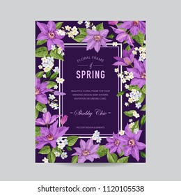 Wedding Invitation Template with Clematis Flowers. Tropical Floral Save the Date Card. Exotic Flower Romantic Design for Greeting Postcard, Birthday, Anniversary. Vector illustration