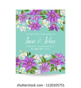 Wedding Invitation Template with Clematis Flowers. Tropical Floral Save the Date Card. Exotic Flower Romantic Design for Greeting Postcard, Birthday, Anniversary. Vector illustration