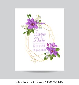 Wedding Invitation Template with Clematis Flowers and Golden Frame. Tropical Floral Save the Date Card. Exotic Flower Romantic Design for Greeting Postcard, Birthday, Anniversary. Vector illustration