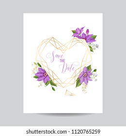 Wedding Invitation Template with Clematis Flowers and Golden Frame. Tropical Floral Save the Date Card. Exotic Flower Romantic Design for Greeting Postcard, Birthday, Anniversary. Vector illustration