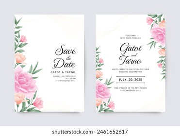 Wedding invitation template with colorful bouquet of plants and roses