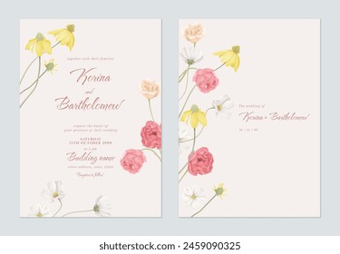 Boda invitación Plantilla, flores de colores sobre fondo rosa claro