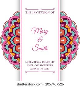 	
Wedding invitation template with colorful mandala