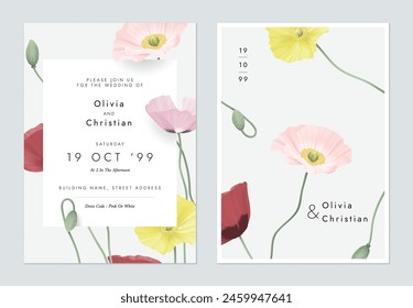 Wedding invitation template, colorful poppy flowers on grey background