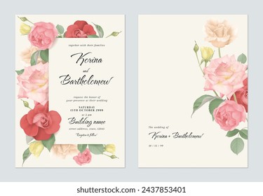 Wedding invitation template, colorful roses on light brown background