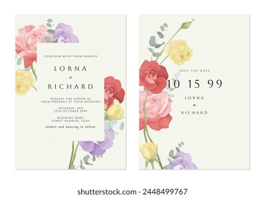 Wedding invitation template, colorful roses bouquet on light brown background