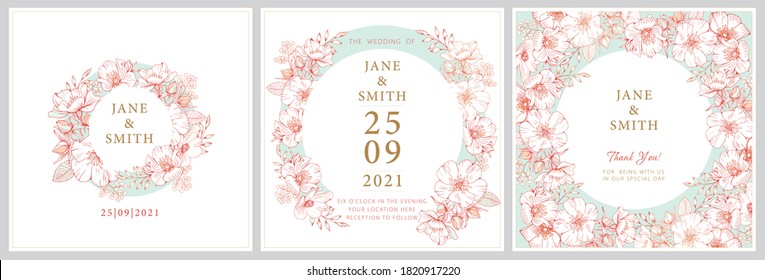 Wedding invitation template consists of three cards with pink flowers and leaves in a light blue circle, drawing with a line of flowers on a pale blue background