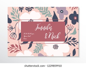 Einladungsvorlage Hochzeit. Cover-Design mit rosafarbenen Blumendekorationen. Vektortraditionelle dekorative Hintergründe