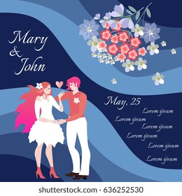 Wedding invitation template. Cute card with loving couple of bride and groom and bouquet of beautiful flowers. 