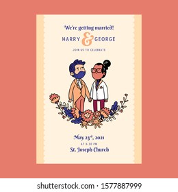 Wedding invitation template with cute couple illustration