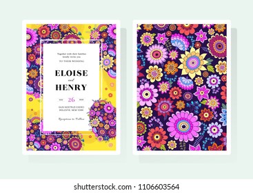Wedding Invitation Template. Cute and funny colorful design. Bright vector illustration in doodle style. Decorative backdrop for invitation card, useful layout for marriage ceremony.