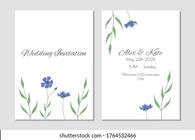 Wedding invitation template with cute summer cornflowers