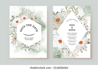 Wedding invitation template with daisy white and greenery leaves watercolor
