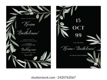 Wedding invitation template, dark grey elegant olive branch 
