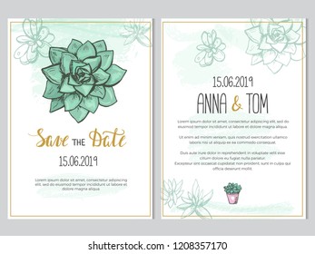 Wedding invitation template decorated with cute succulent plants
