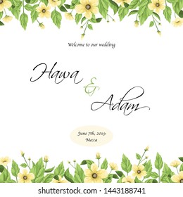 Wedding invitation template design with cute yellow flowers.