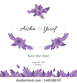 Wedding invitation template design with cute purple flowers.