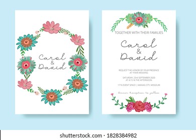 Diseño de plantilla de invitación de boda con estilo plano de floral de flores y hojas