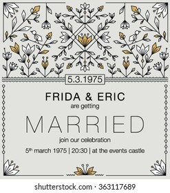 WEDDING INVITATION TEMPLATE DESIGN. Gold geometric classic style.Can be used for labels, packages, greeting cards, prints, web design, fashion projects, leaflet, cosmetics etc. Editable vector file.