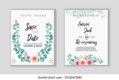 Wedding invitation template design illustration with watercolor  leaf eucalyptus 