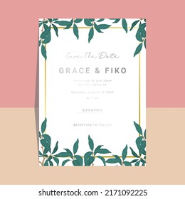 wedding invitation template design with peach tree and leaf background