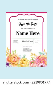 wedding invitation template design and pink flowers with a sky background