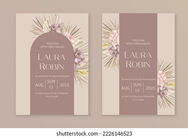 Wedding invitation template with dried lunaria, pampas grass. rose floral vector card. Watercolor Exotic dried flowers, palm leaves boho invitation template