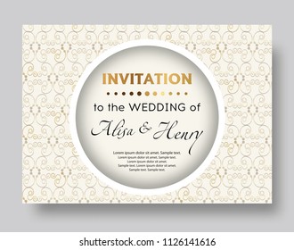 Wedding invitation template. Elegant background with golden ornaments and circle greeting card. Vector illustration.