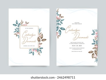 Wedding invitation template with elegant blue leaves decoration