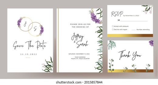 
Wedding invitation template elegant flowers magnolia with olive leaf, flower, violet, purple, pastel color, plum, gold isolated vector. Luxury editable wedding invitation