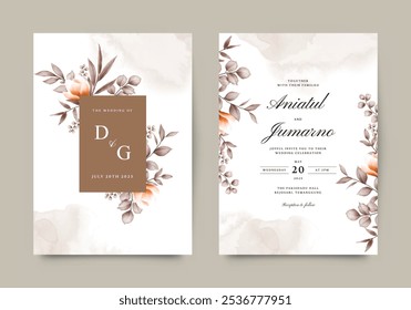 Plantilla de invitación de Boda con flores y hojas elegantes