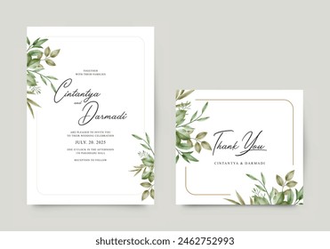 Wedding invitation template with elegant foliage watercolor