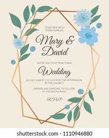 Wedding invitation template with elegant geometrical frame and flowers. Vector illustration