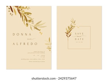 Plantilla de invitación de boda, elegante rama de olivo dorado en marrón