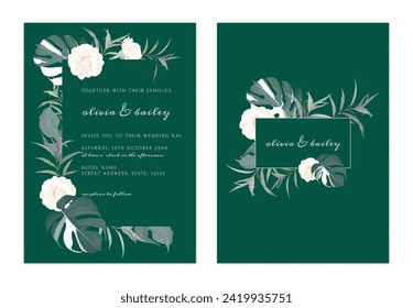 Wedding invitation template, elegant green floral on dark green