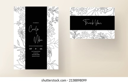 Wedding invitation template with elegant hand drawn floral monoline