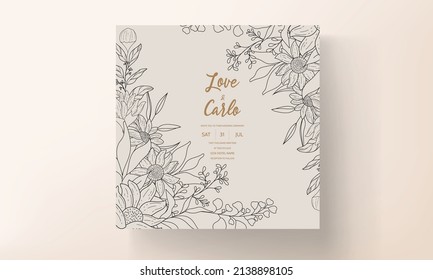 Wedding invitation template with elegant hand drawn floral monoline