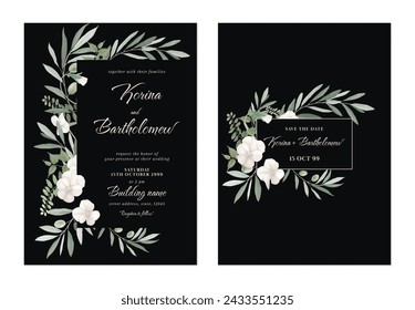 Hochzeitseinladungsvorlage, elegante Stiefmütterchen Blumen und Olivenzweig auf dunkelgrauem Hintergrund