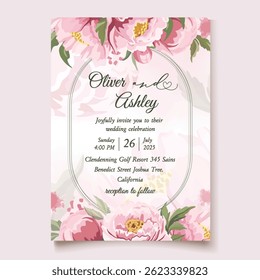 Wedding invitation template with elegant pink peonies and artistic splash background for a beautiful and delicate floral design