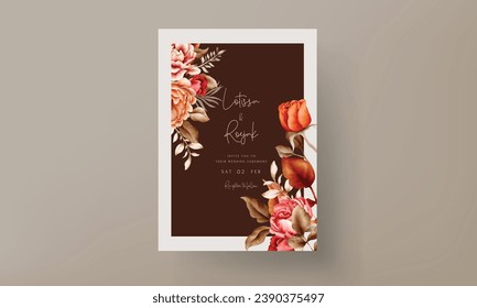 wedding invitation template with elegant watercolor browns roses