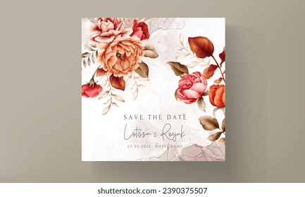 wedding invitation template with elegant watercolor browns roses