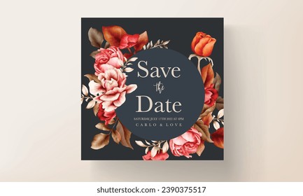 wedding invitation template with elegant watercolor browns roses