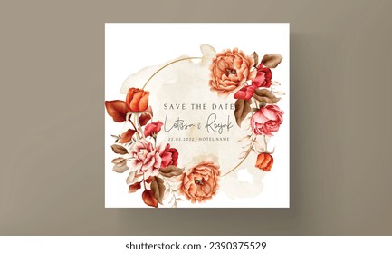 wedding invitation template with elegant watercolor browns roses