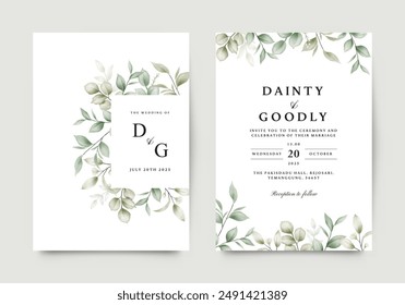 Wedding invitation template for elegant watercolor leaves