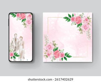 Wedding invitation template with elegant watercolor pink flowers