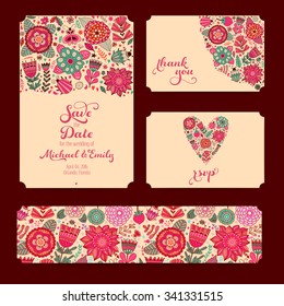 Wedding Invitation Template: invitation, envelope, thank you card, save the date cards. Wedding set. RSVP card. Marriage event. Valentine, seamless pattern is masked and complete