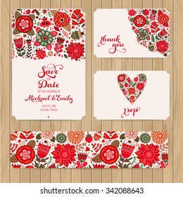 Wedding Invitation Template: invitation, envelope, thank you card, save the date cards. Wedding set. RSVP card. Marriage event. Valentine, seamless pattern is masked and complete