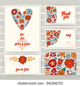 Wedding Invitation Template: invitation, envelope, thank you card, save the date cards. Wedding set. RSVP card. Marriage event. Valentine, seamless pattern is masked and complete